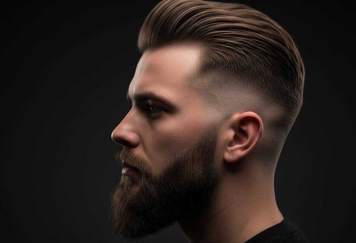 Pompadour et dégradé à blanc, barbe taillée