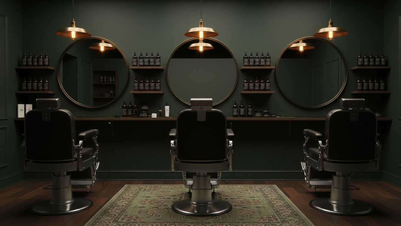 Le salon : fauteuils de barbier en cuir et murs vert bouteille
