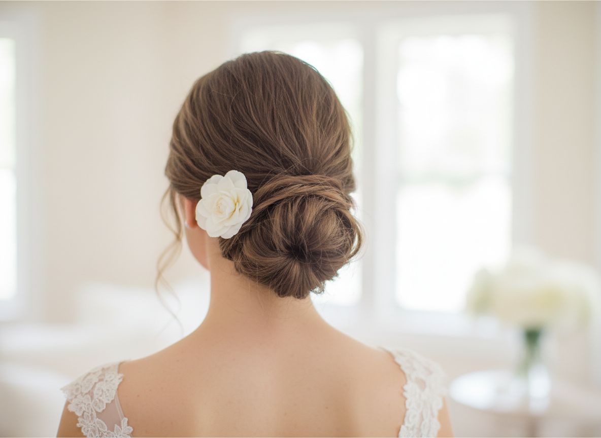 Chignon bas de mariée avec fleur blanche
