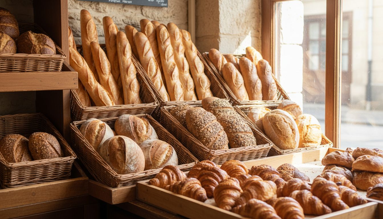 Étals de pains et viennoiseries dans des paniers en osier