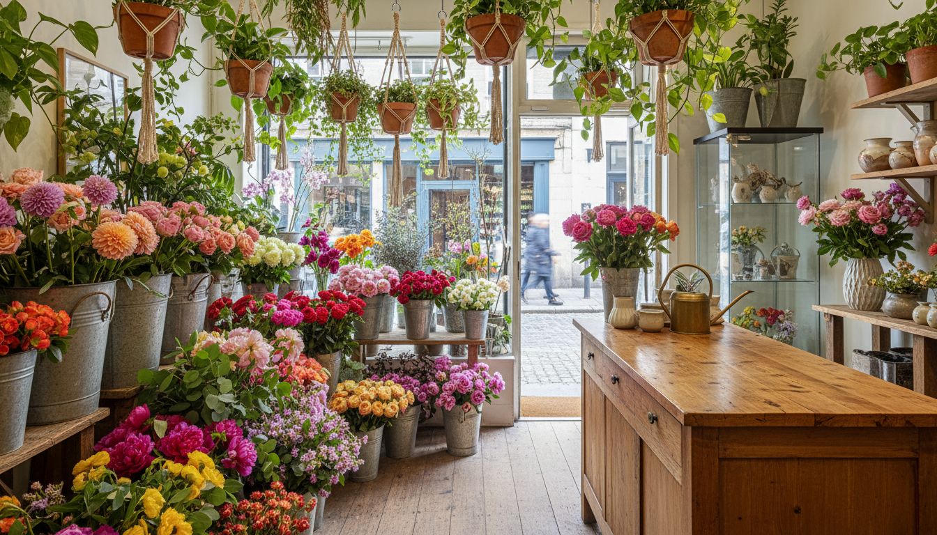 La boutique, seaux de fleurs et plantes suspendues