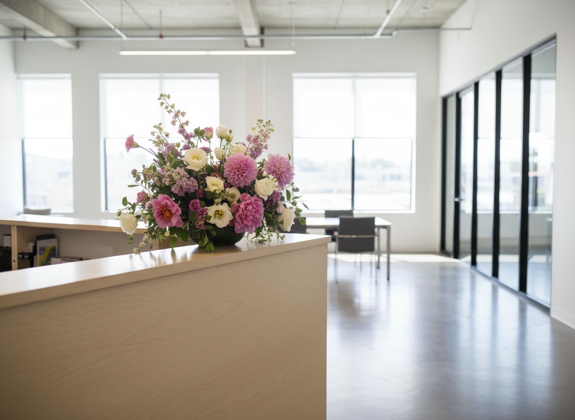 Grand vase de fleurs sur un comptoir d'accueil