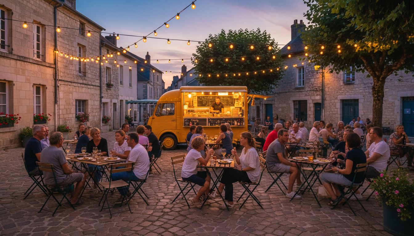Soirée conviviale autour du camion sur une place illuminée