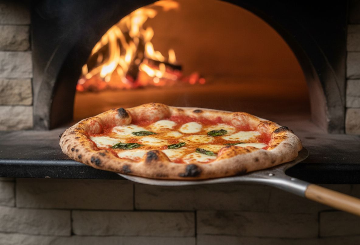 Pizza margherita sortant du four à bois