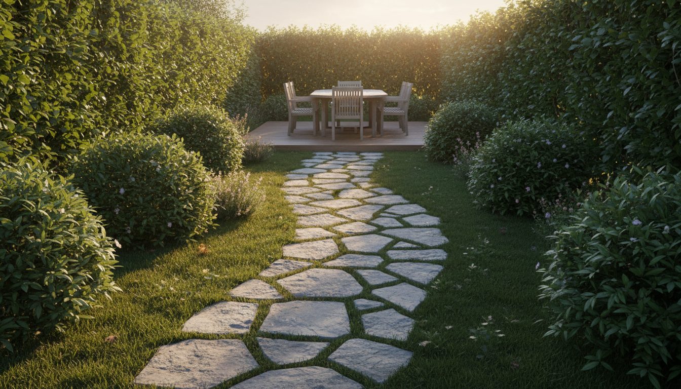 Allée en pierre naturelle menant à une terrasse