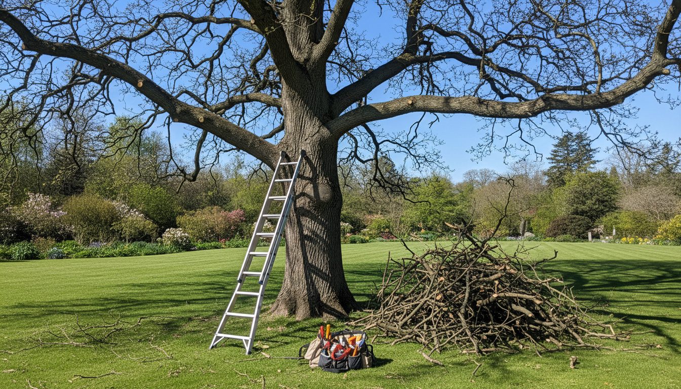 Chêne élagué, branches rangées au pied de l'arbre