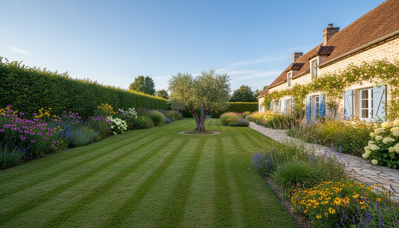 Jardin entretenu devant une maison charentaise : pelouse tondue, massifs fleuris, olivier