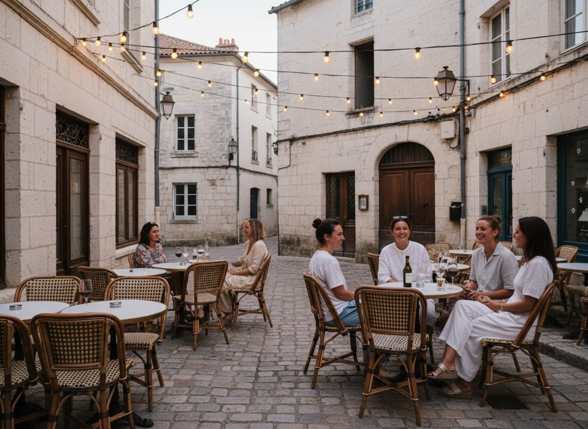 La terrasse du bistrot sur une place pavée, un soir d'été